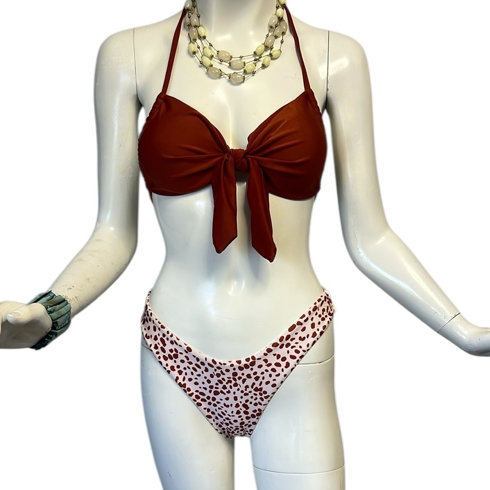 Brownish-Red and White Bikini Set